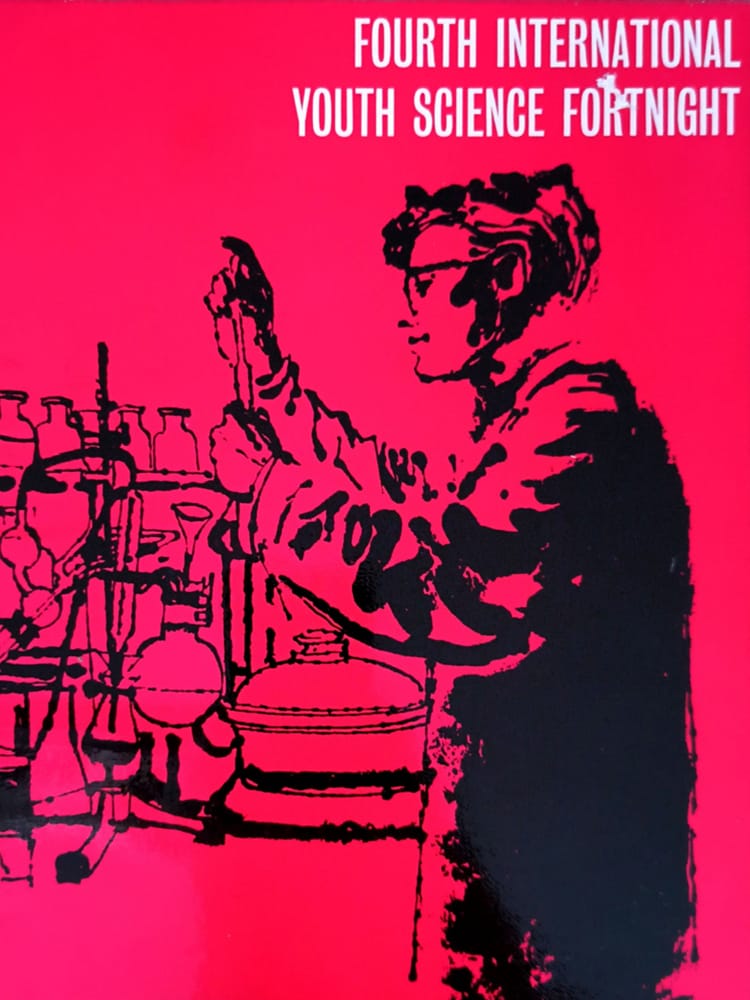 Cover of the Fourth International Youth Science Fortnight 1962 featuring a laboratory science illustration