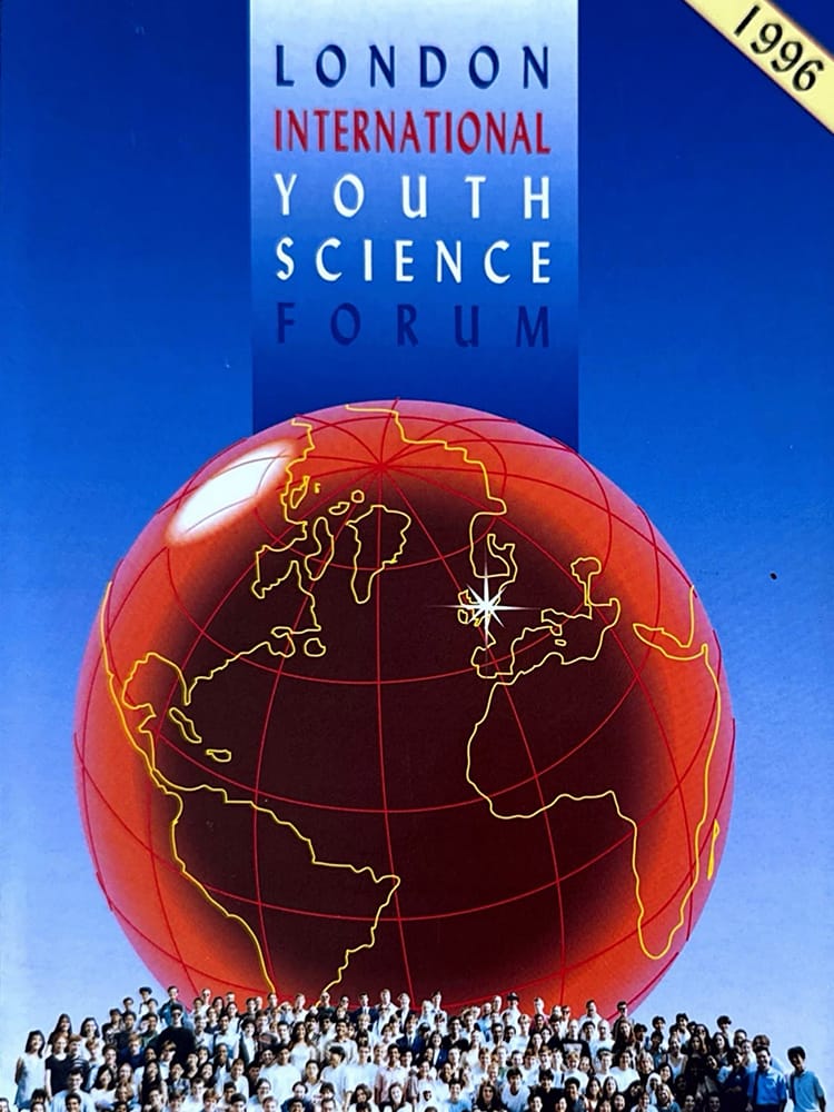 Cover of the Thirty-Eighth London International Youth Science Forum 1996 featuring an international student group beneath a globe graphic