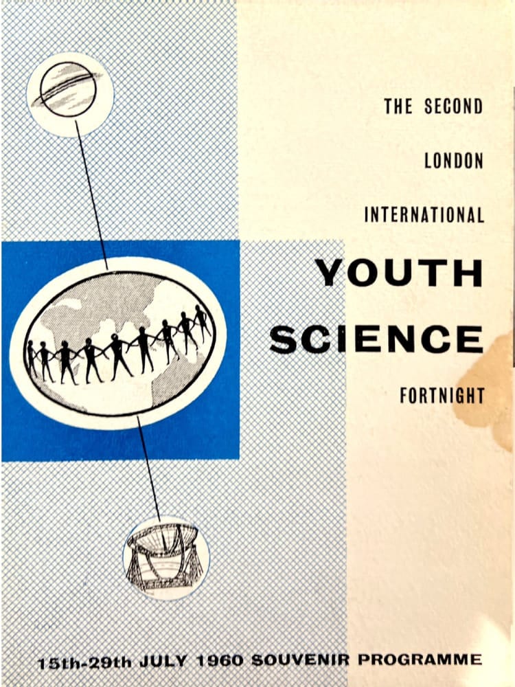 Cover of the Second London International Youth Science Fortnight 1960 featuring illustrated figures holding hands across a globe, symbolising global unity in science