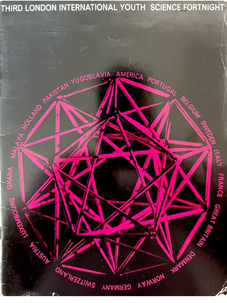 Cover of the Third London International Youth Science Fortnight 1961 featuring a geometric network of participating countries representing international scientific collaboration